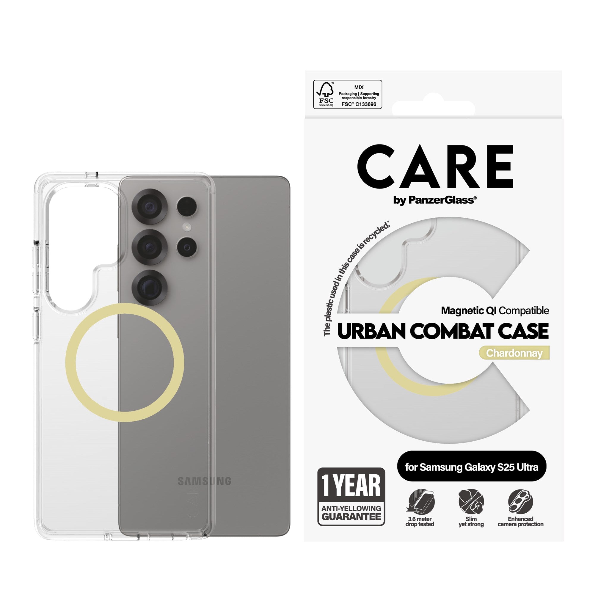 CARE by PanzerGlass® Urban Combat Case Transparent w. Chardonnay Qi Compatible Samsung Galaxy S25 Ultra